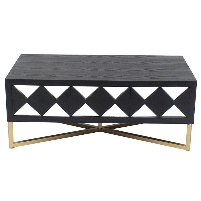 Wooden Coffee Table with 3 Drawers and X Shape Base, Black and Gold