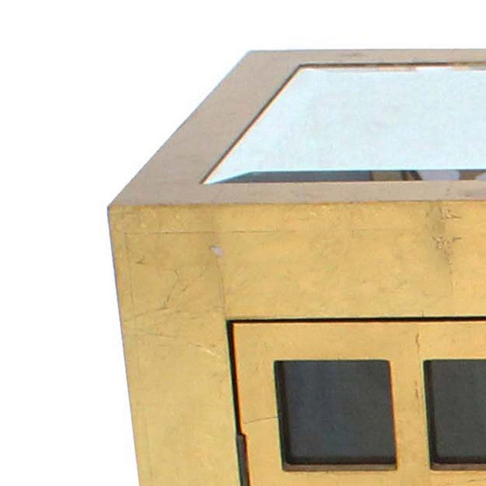 Wooden Two Door Cabinet with Shelves and Mirror on Top, Gold