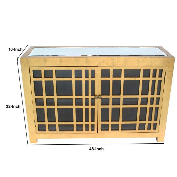 Wooden Two Door Cabinet with Shelves and Mirror on Top, Gold
