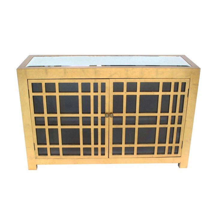 Wooden Two Door Cabinet with Shelves and Mirror on Top, Gold