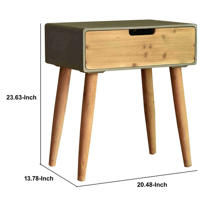 Wooden Side Table with Tapered Legs and Single Drawer, Gray and Brown