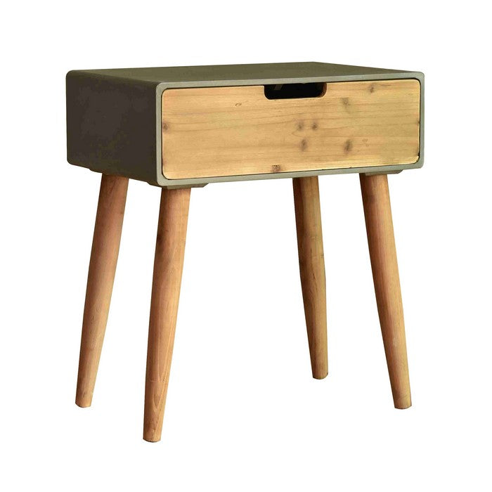 Wooden Side Table with Tapered Legs and Single Drawer, Gray and Brown