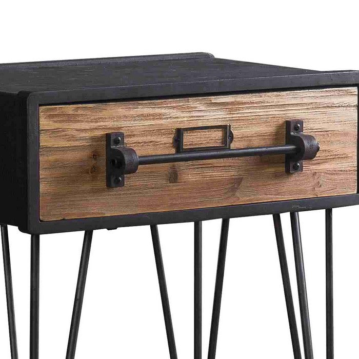 Wooden Side Table with Angular Legs and Single Drawer, Black and Brown