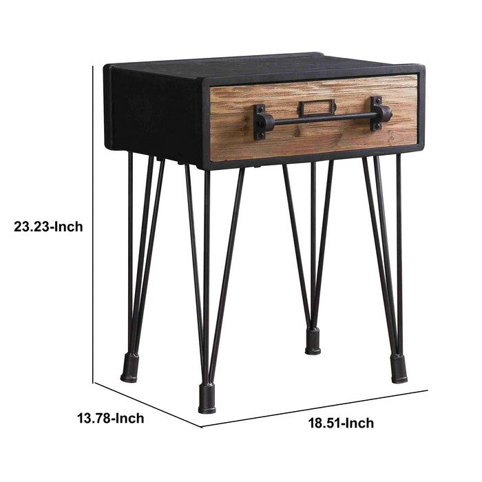 Wooden Side Table with Angular Legs and Single Drawer, Black and Brown