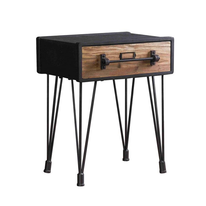 Wooden Side Table with Angular Legs and Single Drawer, Black and Brown