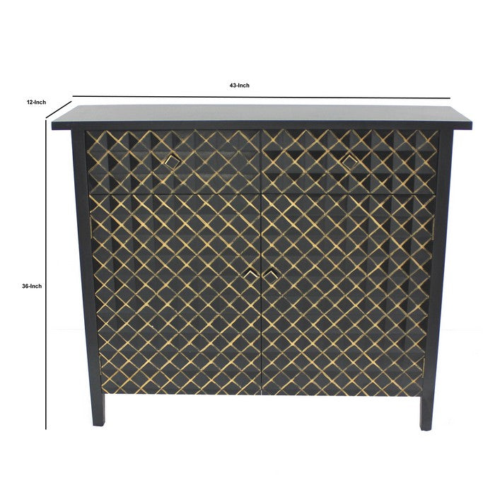 Transitional Wooden Storage Cabinet with 2 Drawers, Black and Gold