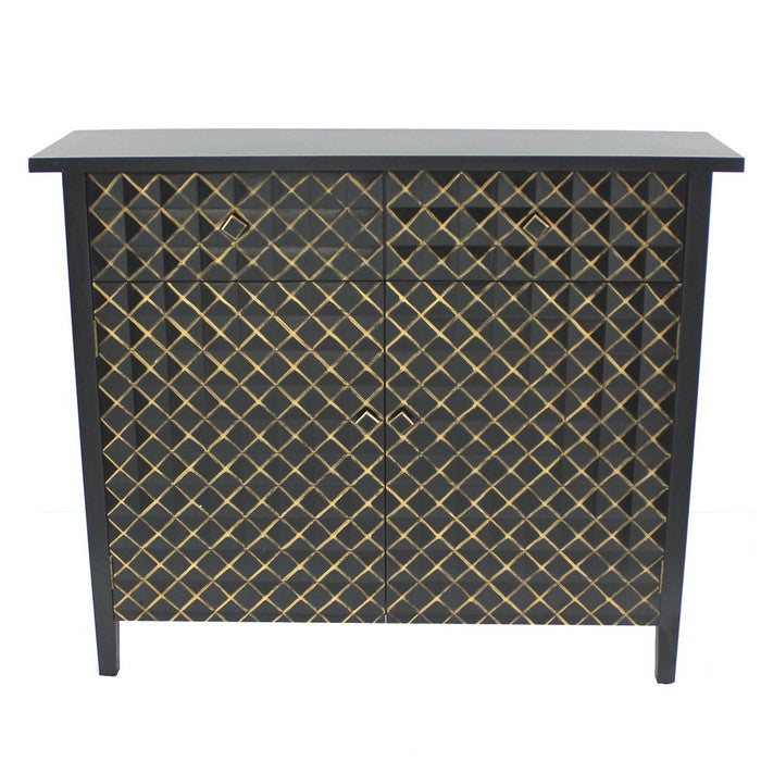 Transitional Wooden Storage Cabinet with 2 Drawers, Black and Gold