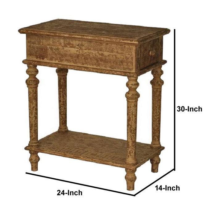 Wooden End Table with 1 Bottom Shelf and 1 Drawer, Weathered Brown
