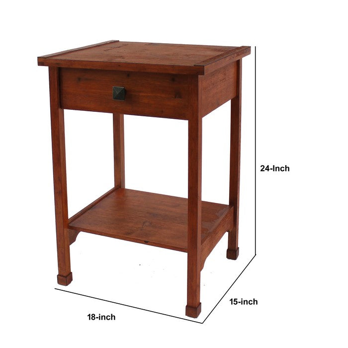 Rustic Wooden End Table with 1 Drawer and 1 Bottom shelf, Brown