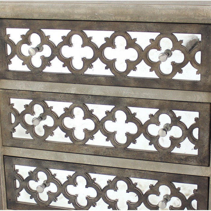 Quatrefoil Wooden Storage Cabinet with 3 Drawers, Brown and Silver