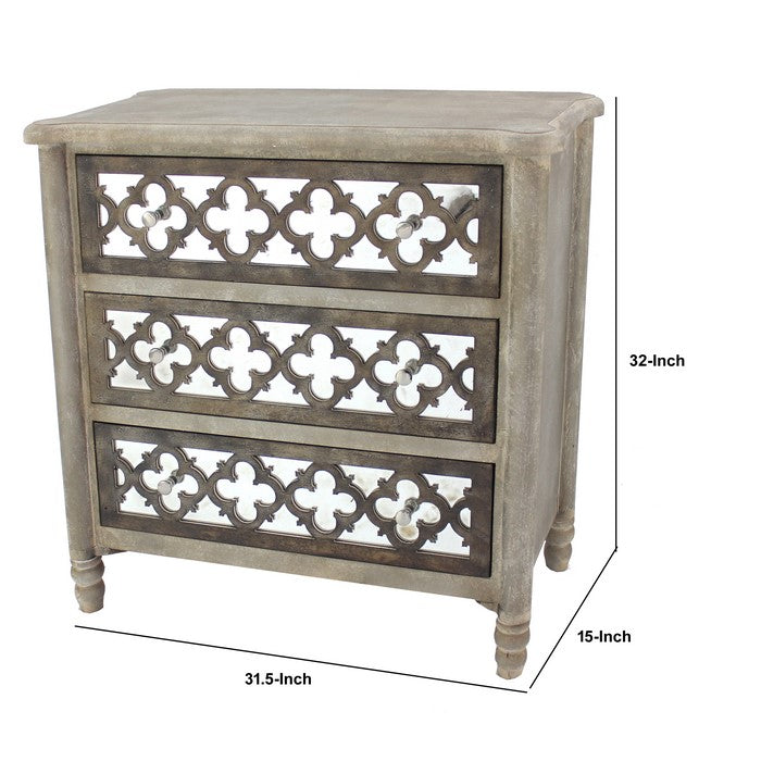Quatrefoil Wooden Storage Cabinet with 3 Drawers, Brown and Silver
