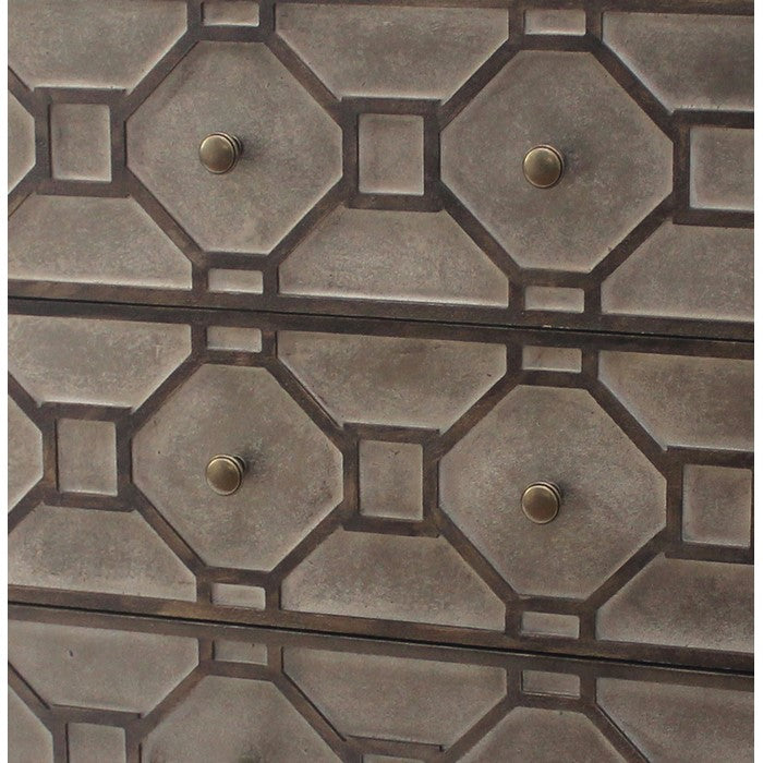 Geometric Wooden Storage Cabinet with 3 Drawers, Distressed Gray