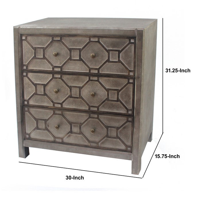 Geometric Wooden Storage Cabinet with 3 Drawers, Distressed Gray