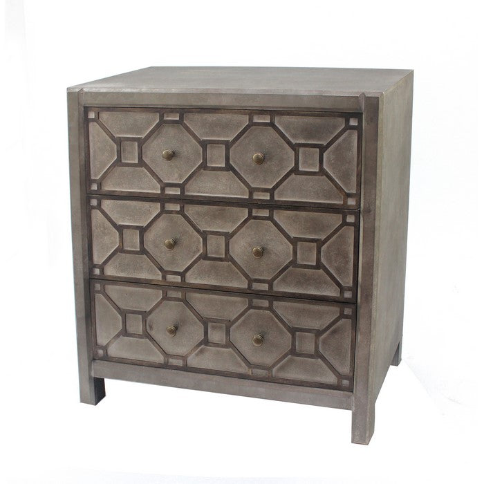 Geometric Wooden Storage Cabinet with 3 Drawers, Distressed Gray