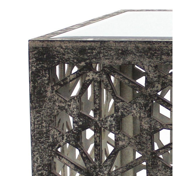 Mirror Top Wooden End Table with Floral Cut Out, Black and White