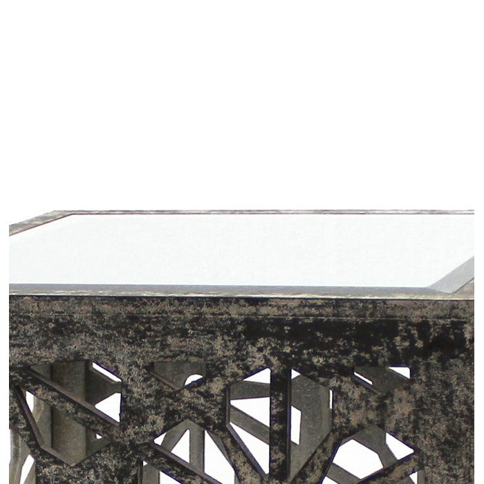 Mirror Top Wooden End Table with Floral Cut Out, Black and White