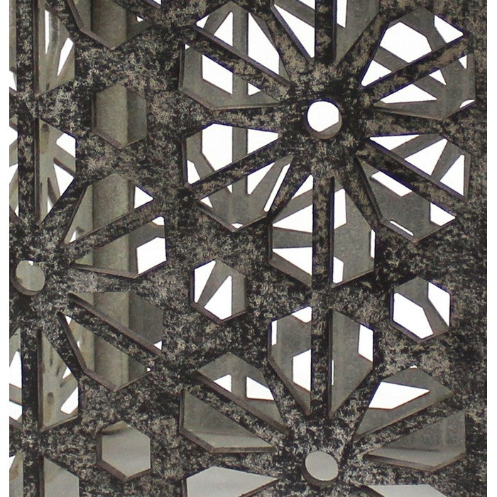 Mirror Top Wooden End Table with Floral Cut Out, Black and White