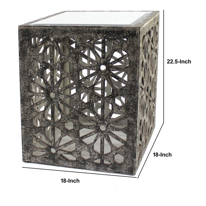 Mirror Top Wooden End Table with Floral Cut Out, Black and White