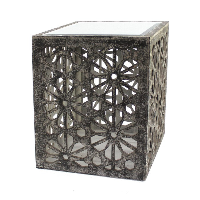 Mirror Top Wooden End Table with Floral Cut Out, Black and White