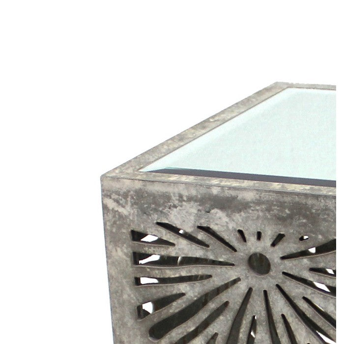 Mirror Top Wooden End Table with Floral Cut Out, Gray and Silver