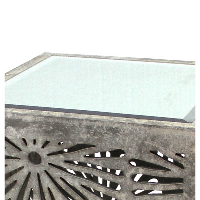 Mirror Top Wooden End Table with Floral Cut Out, Gray and Silver