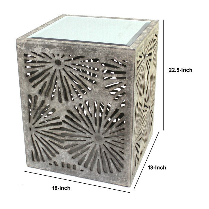 Mirror Top Wooden End Table with Floral Cut Out, Gray and Silver