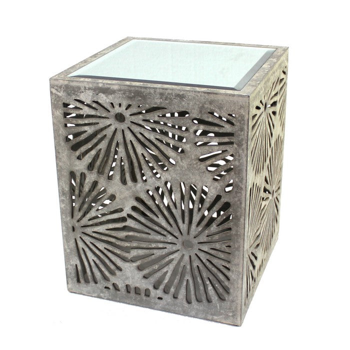 Mirror Top Wooden End Table with Floral Cut Out, Gray and Silver