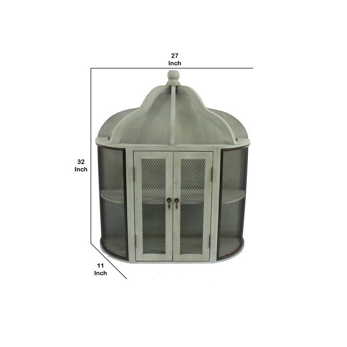 Castle Shaped Wooden Wall Cabinet with Mesh Design,Gray and Brown