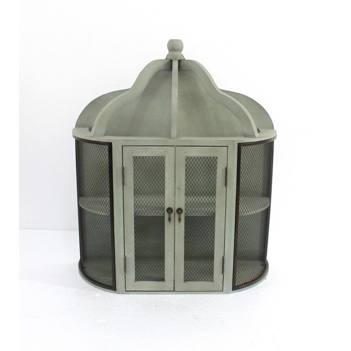 Castle Shaped Wooden Wall Cabinet with Mesh Design,Gray and Brown