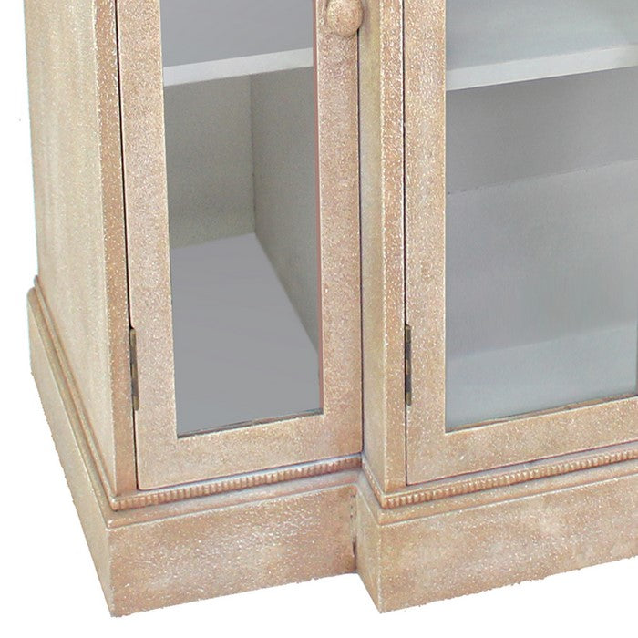 4 Door Wood and Glass Storage Cabinet with 3 Drawers, Beige and Clear
