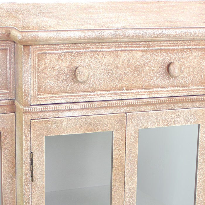 4 Door Wood and Glass Storage Cabinet with 3 Drawers, Beige and Clear