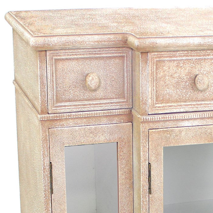4 Door Wood and Glass Storage Cabinet with 3 Drawers, Beige and Clear