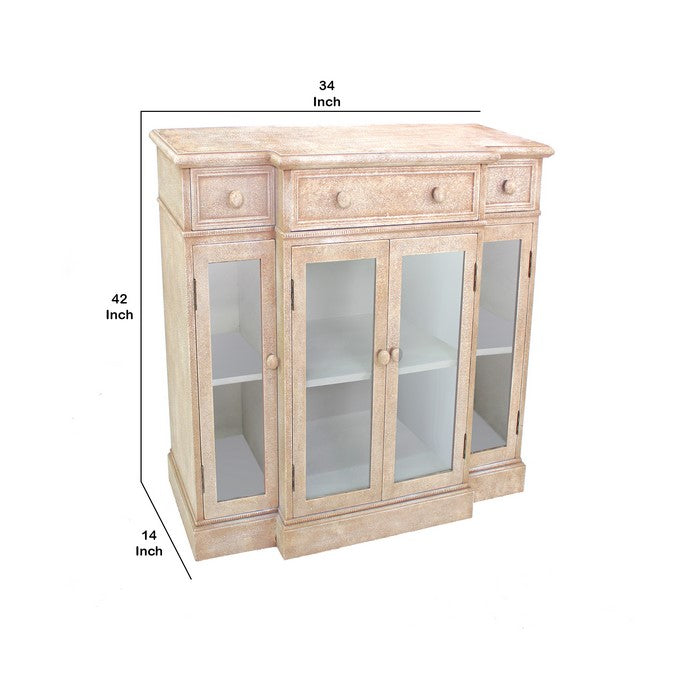 4 Door Wood and Glass Storage Cabinet with 3 Drawers, Beige and Clear