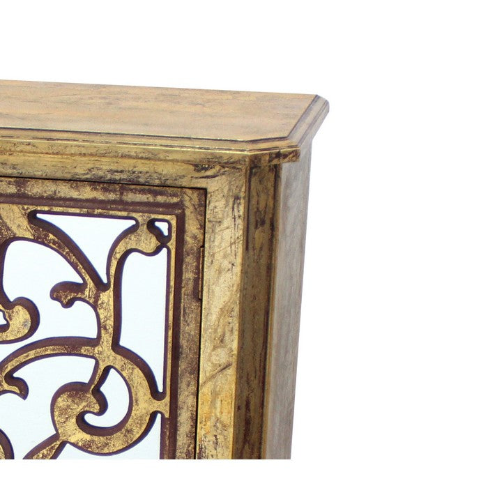 Wood and Mirror Trim Storage Cabinet with Scroll Details, Antique Gold