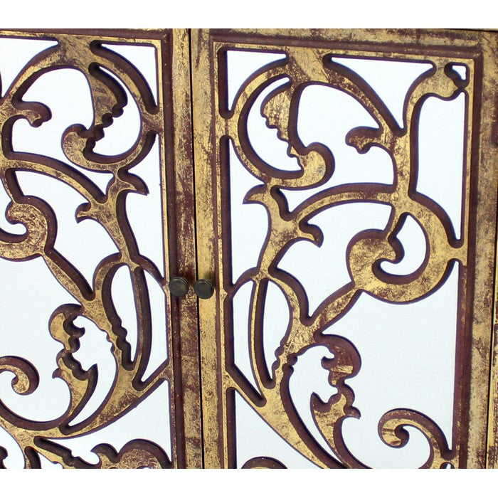 Wood and Mirror Trim Storage Cabinet with Scroll Details, Antique Gold
