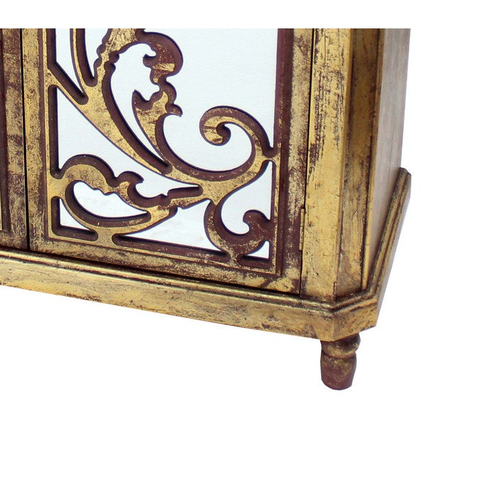 Wood and Mirror Trim Storage Cabinet with Scroll Details, Antique Gold