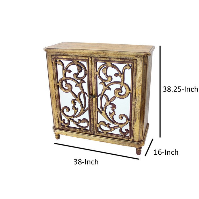 Wood and Mirror Trim Storage Cabinet with Scroll Details, Antique Gold