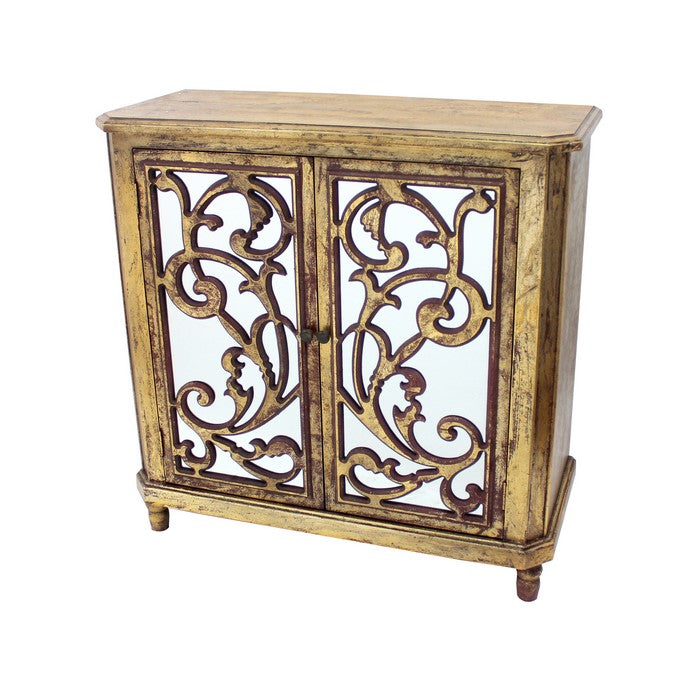 Wood and Mirror Trim Storage Cabinet with Scroll Details, Antique Gold