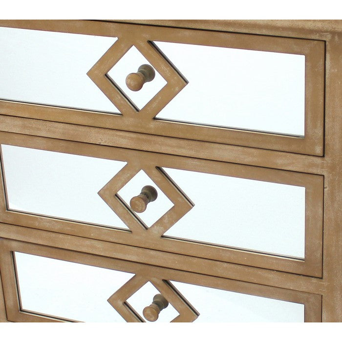 Wood and Mirror Trim Storage Cabinet with 3 Drawers, Brown and Silver