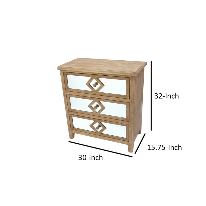 Wood and Mirror Trim Storage Cabinet with 3 Drawers, Brown and Silver