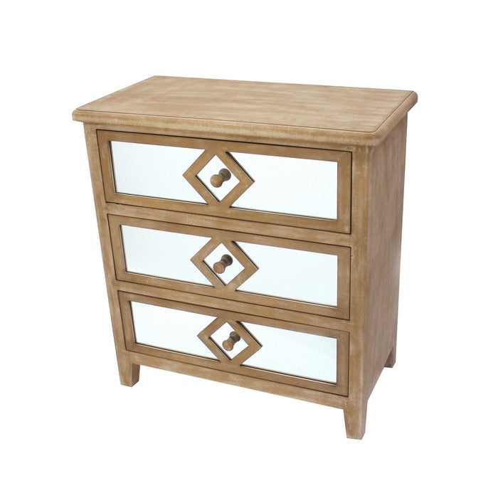 Wood and Mirror Trim Storage Cabinet with 3 Drawers, Brown and Silver