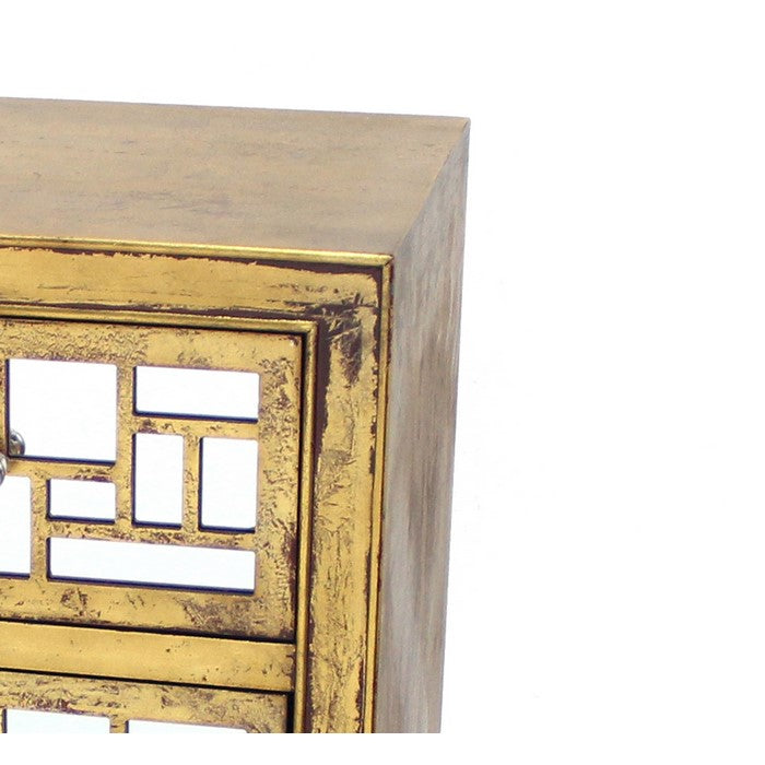 Wood and Mirror Trim Storage Cabinet with 3 Drawers, Gold and Silver