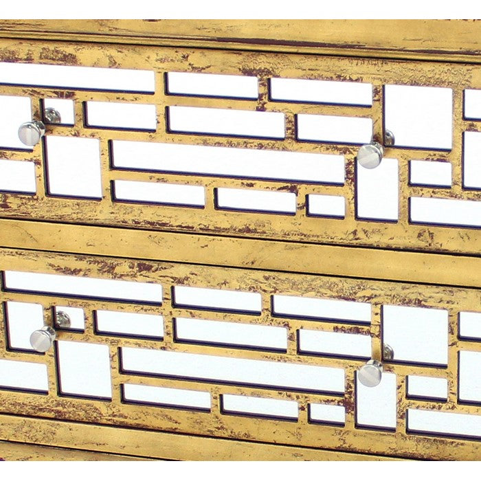 Wood and Mirror Trim Storage Cabinet with 3 Drawers, Gold and Silver