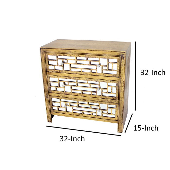 Wood and Mirror Trim Storage Cabinet with 3 Drawers, Gold and Silver