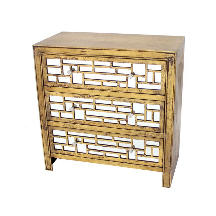 Wood and Mirror Trim Storage Cabinet with 3 Drawers, Gold and Silver