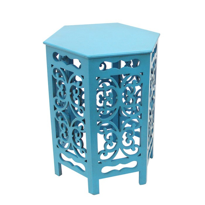 2 Piece Hexagonal Wooden Side Table with Cut Out Details, Red and Blue