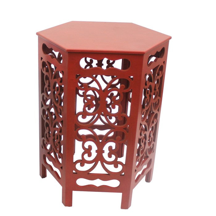 2 Piece Hexagonal Wooden Side Table with Cut Out Details, Red and Blue