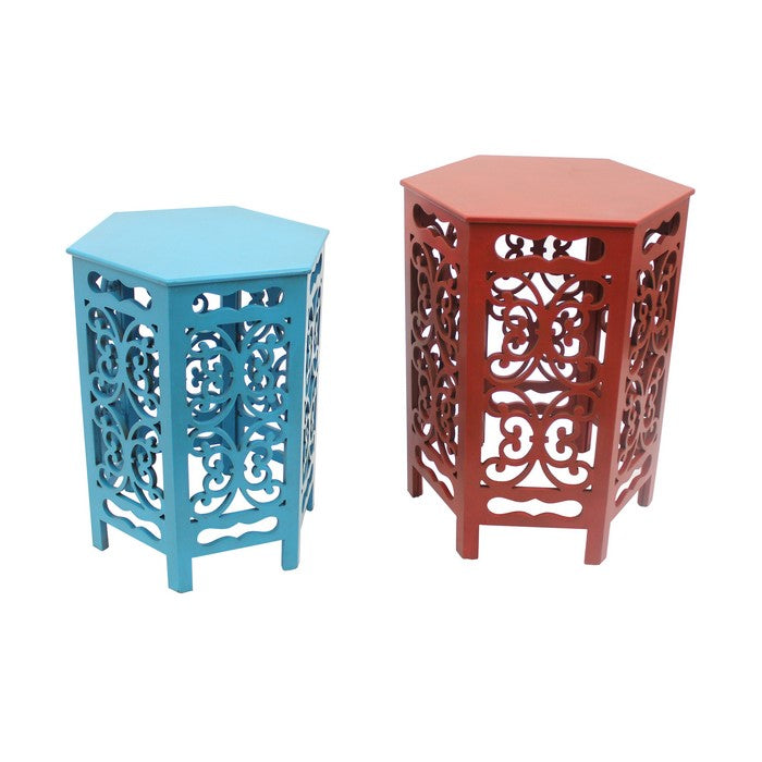 2 Piece Hexagonal Wooden Side Table with Cut Out Details, Red and Blue