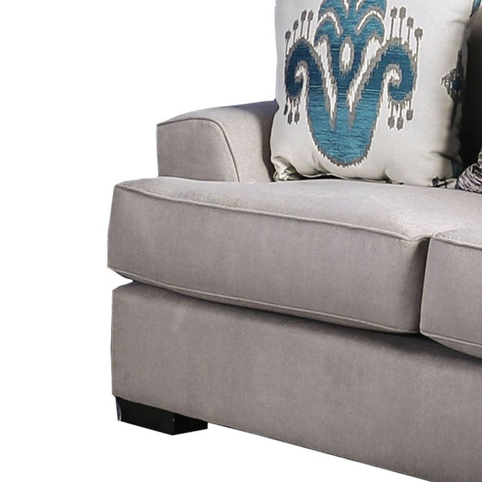 Wooden Loveseat with Fabric Upholstery and Track Armrest, Gray