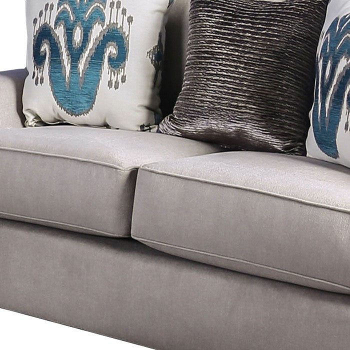 Wooden Loveseat with Fabric Upholstery and Track Armrest, Gray
